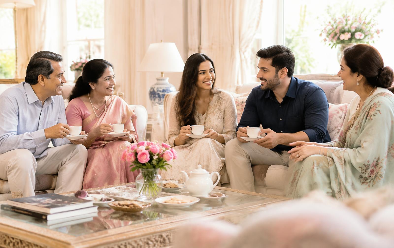 Two families meeting over tea